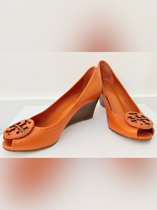 Tory Burch Shoes - Tory Burch Orange Peep-Toe Wedge Pumps with Logo Medallion
